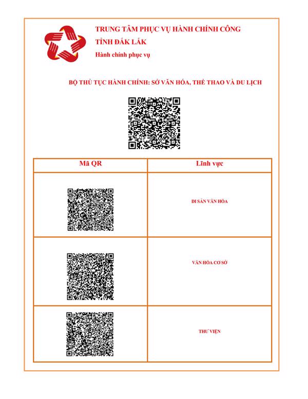 Ứng dụng mã QR code bộ Thủ tục hành chính Sở Văn hóa, Thể thao và Du lịch