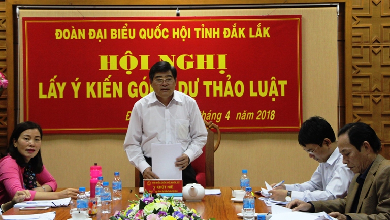 Phó Trưởng Đoàn ĐBQH tỉnh Y Khút Niê phát biểu tại hội nghị.