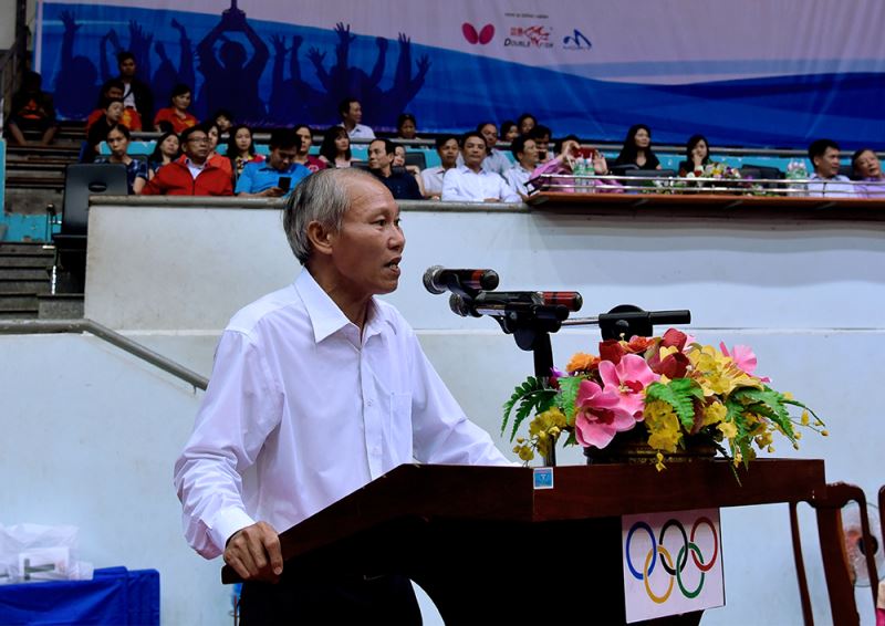 Giám đốc Sở Văn hóa, Thể thao và Du lịch Thái Hồng Hà, Trưởng Ban tổ chức giải phát biểu khai mạc Giải bóng bàn các đội mạnh toàn quốc năm 2018.