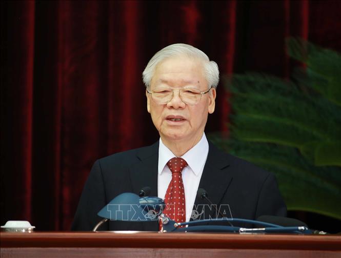 Tổng Bí thư Nguyễn Phú Trọng phát biểu bế mạc hội nghị. (Ảnh: TTXVN)